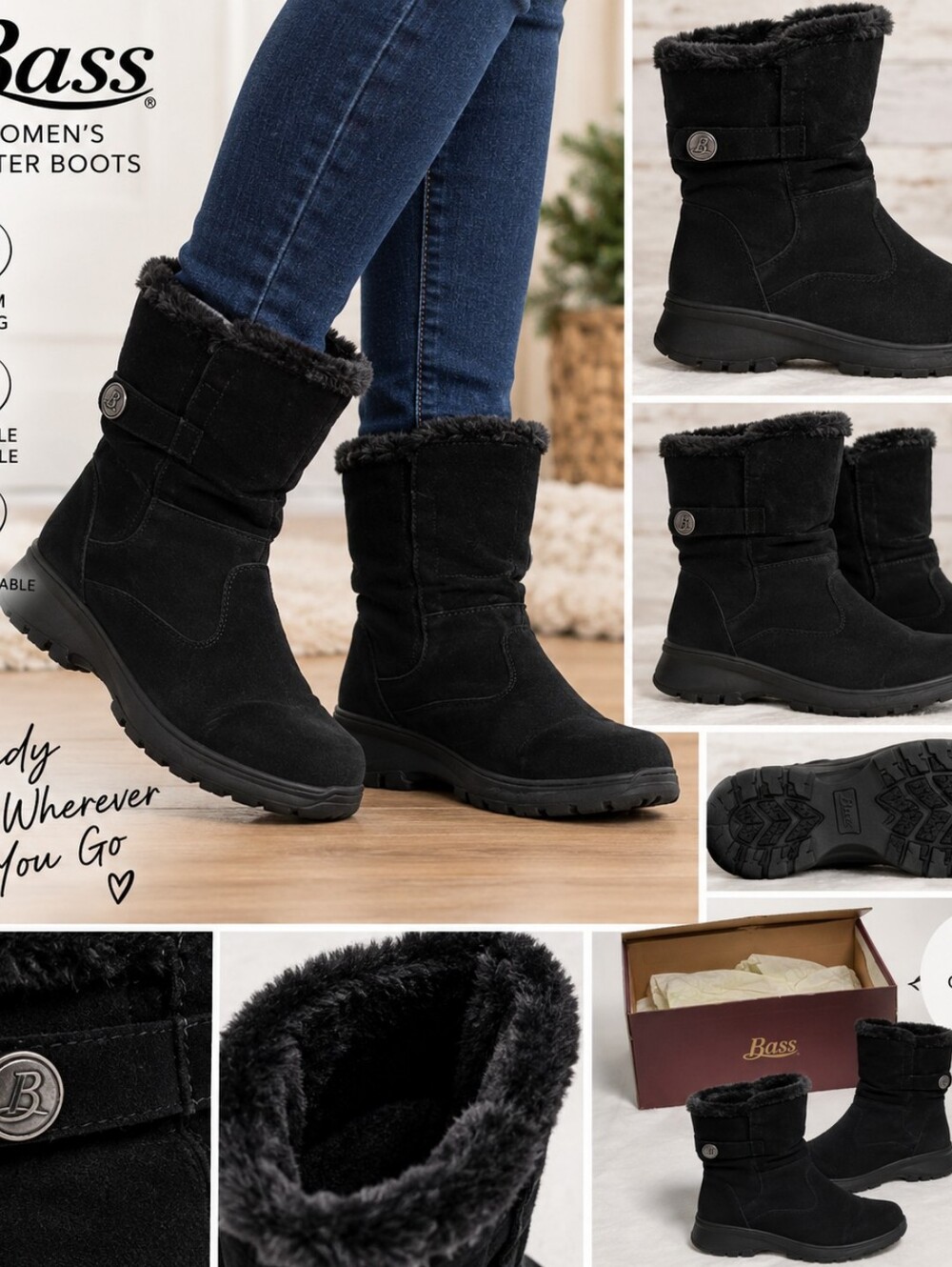 Bass Women's size 6 black suede ankle boots w/box #28